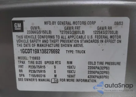 2003 Chevrolet S-10 Ls z USA, uszkodzony, nr VIN 1GCDT19X138276692